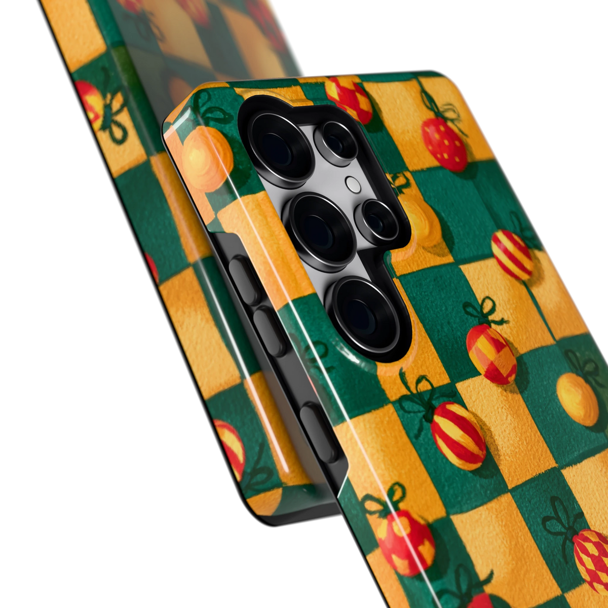 Geblokte Kerstballen hoesje voor Galaxy S25 Ultra, close-up
