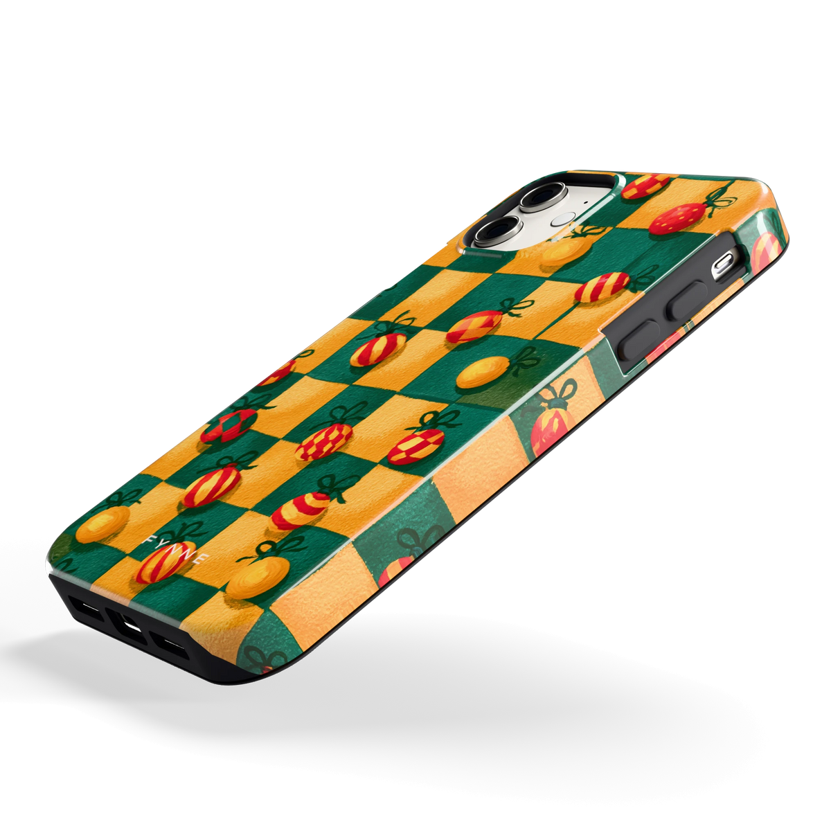 Geblokte Kerstballen hoesje voor iPhone 11, schuin