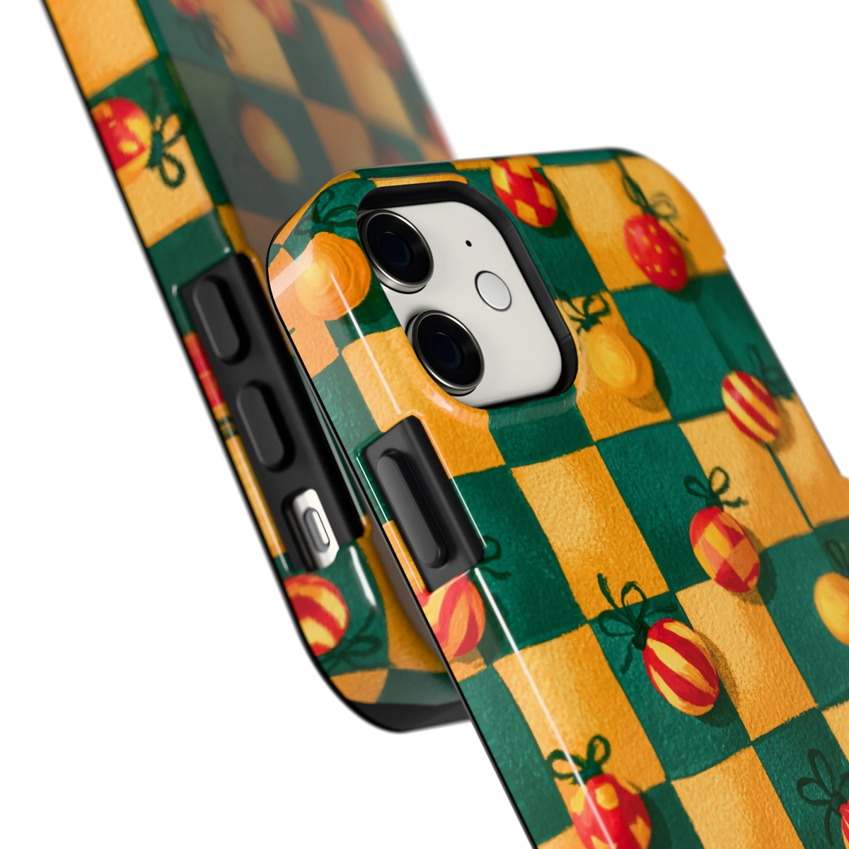 Geblokte Kerstballen hoesje voor iPhone 11, close-up