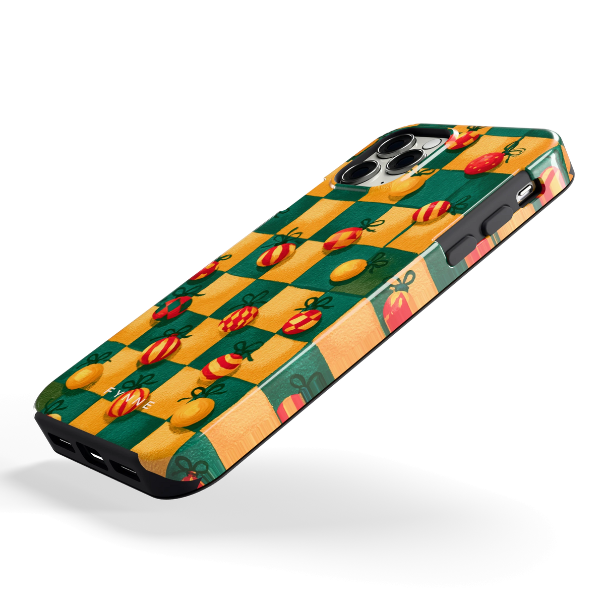 Geblokte Kerstballen hoesje voor iPhone 11 Pro, schuin
