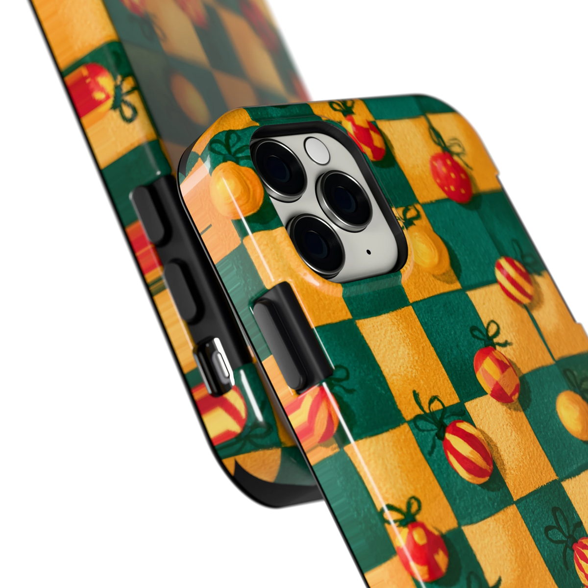 Geblokte Kerstballen hoesje voor iPhone 11 Pro, close-up