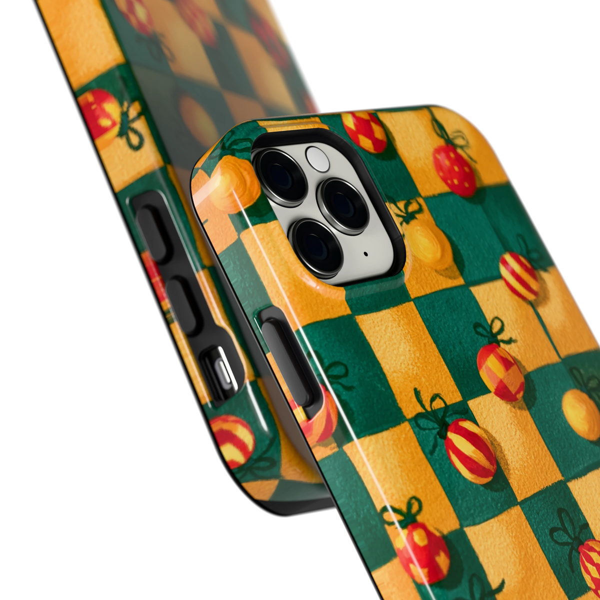 Geblokte Kerstballen hoesje voor iPhone 11 Pro Max, close-up