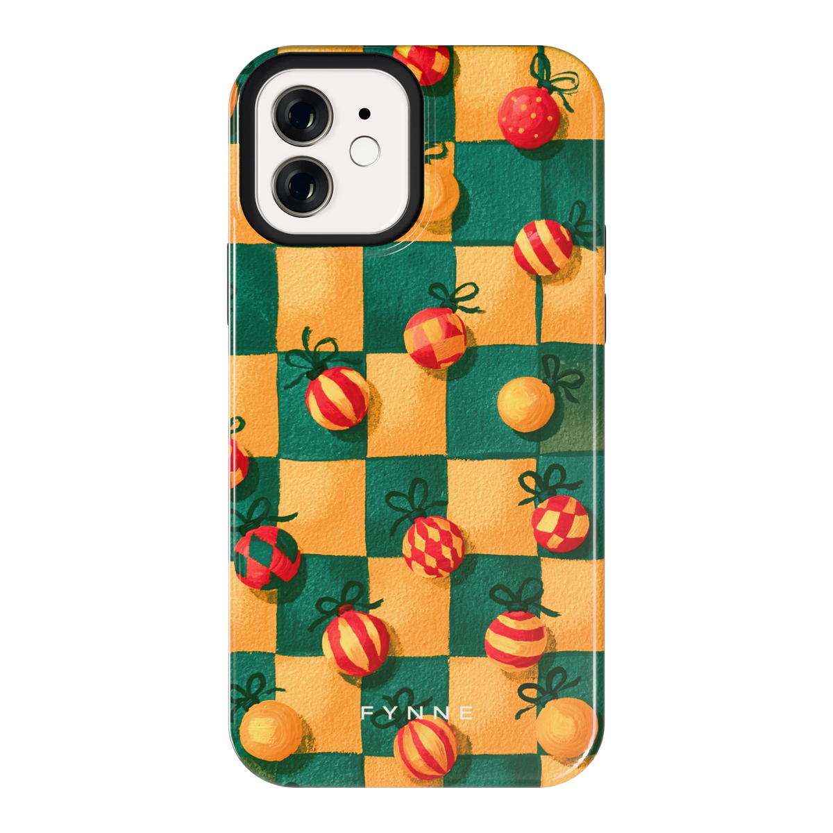 Geblokte Kerstballen hoesje voor iPhone 12, achterkant