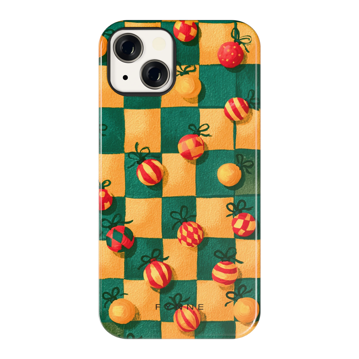 Geblokte Kerstballen hoesje voor iPhone 13, achterkant