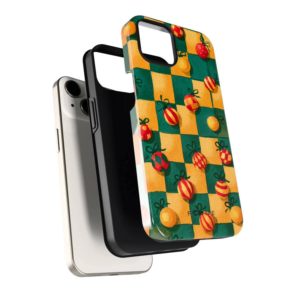 Geblokte Kerstballen hoesje voor iPhone 13, los van de telefoon