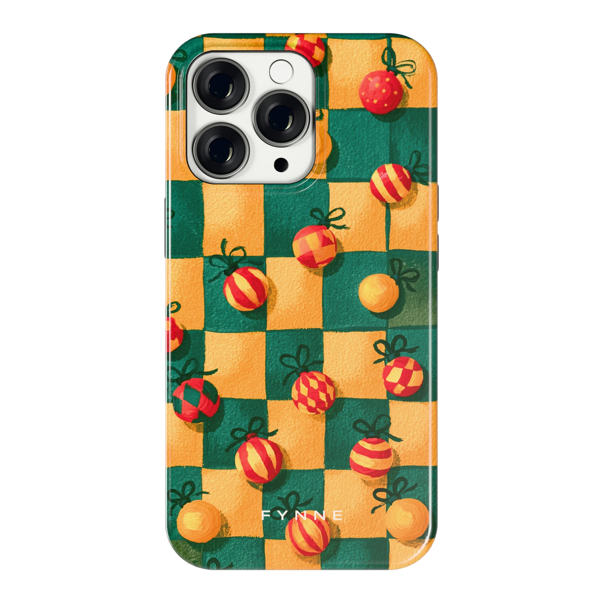 Geblokte Kerstballen hoesje voor iPhone 13 Pro, achterkant