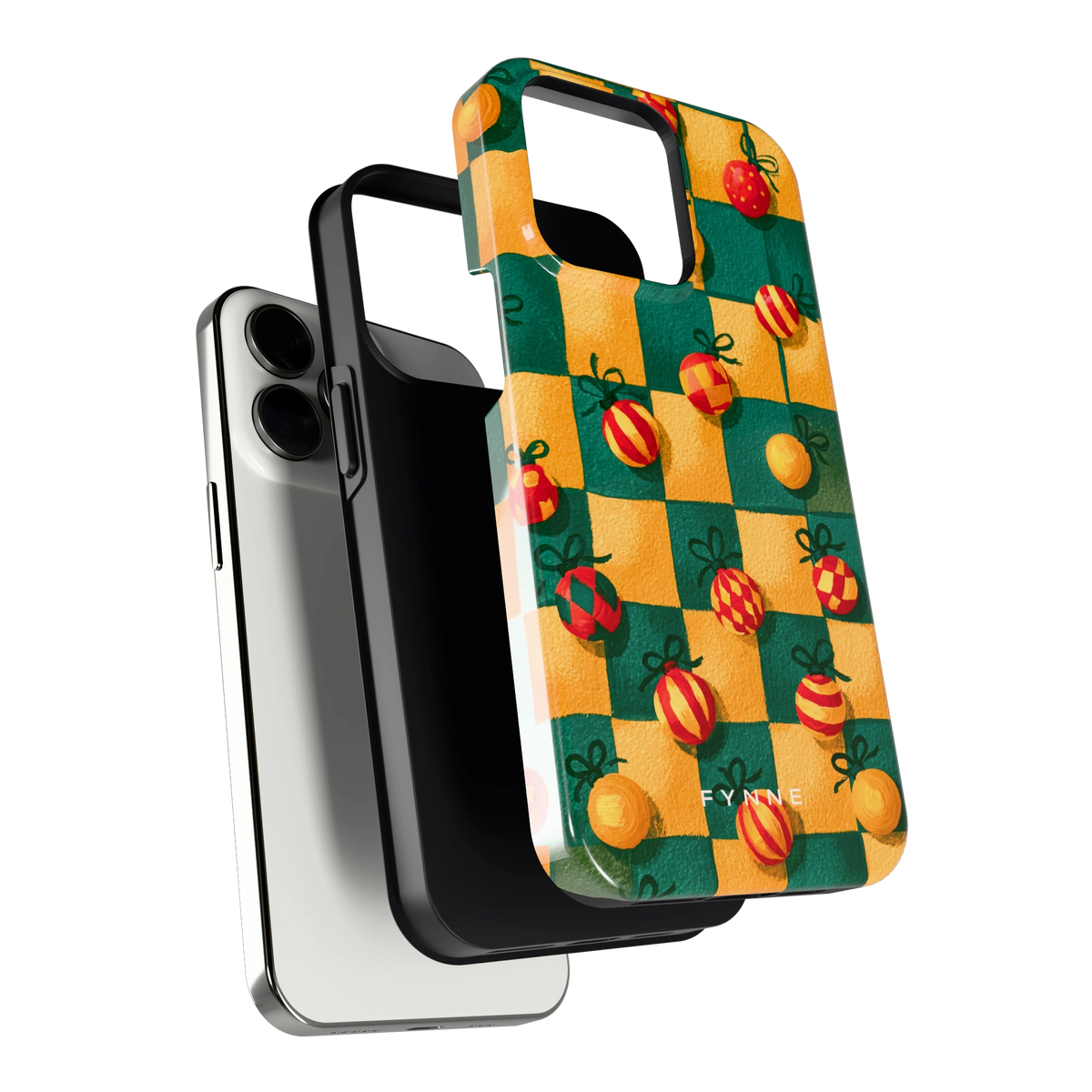 Geblokte Kerstballen hoesje voor iPhone 13 Pro, los van de telefoon