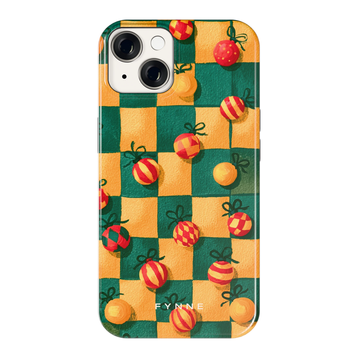 Geblokte Kerstballen hoesje voor iPhone 14, achterkant