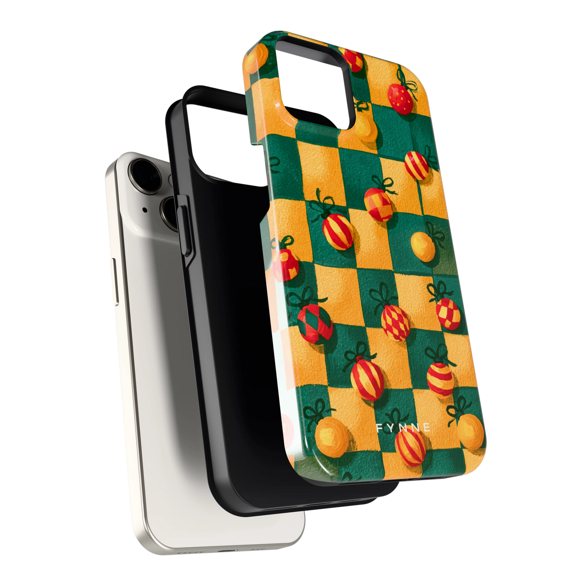 Geblokte Kerstballen hoesje voor iPhone 14, los van de telefoon