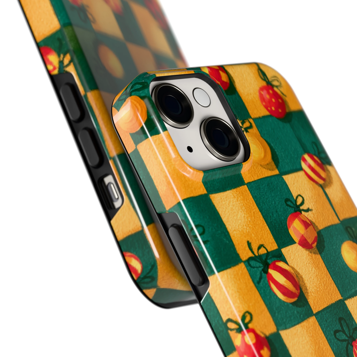 Geblokte Kerstballen hoesje voor iPhone 14, close-up