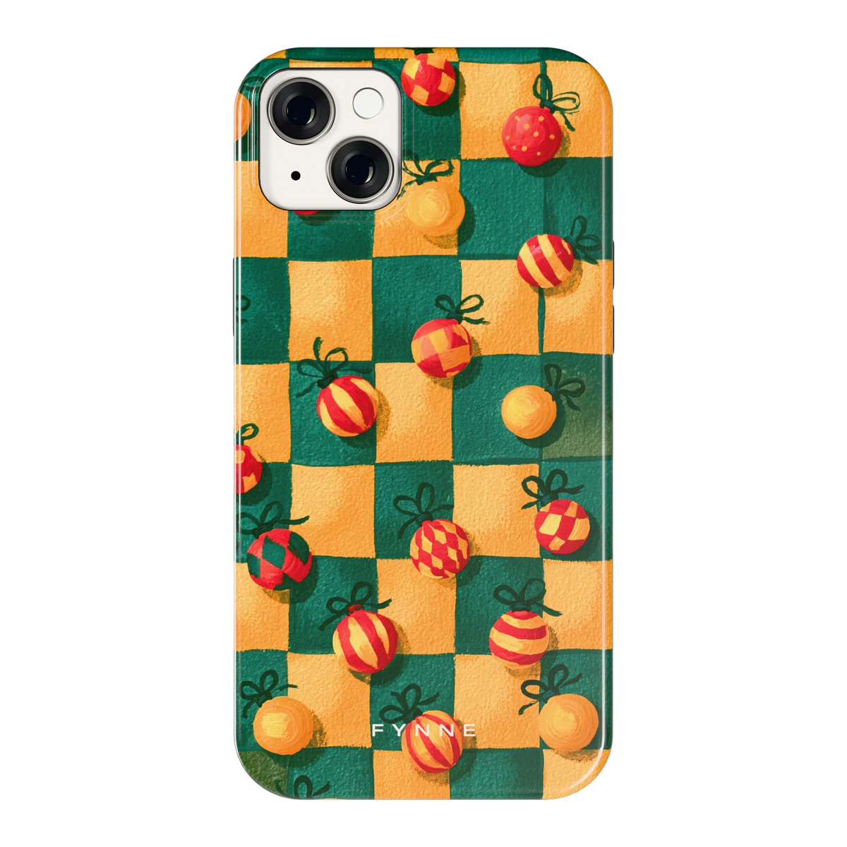 Geblokte Kerstballen hoesje voor iPhone 14 Plus, achterkant