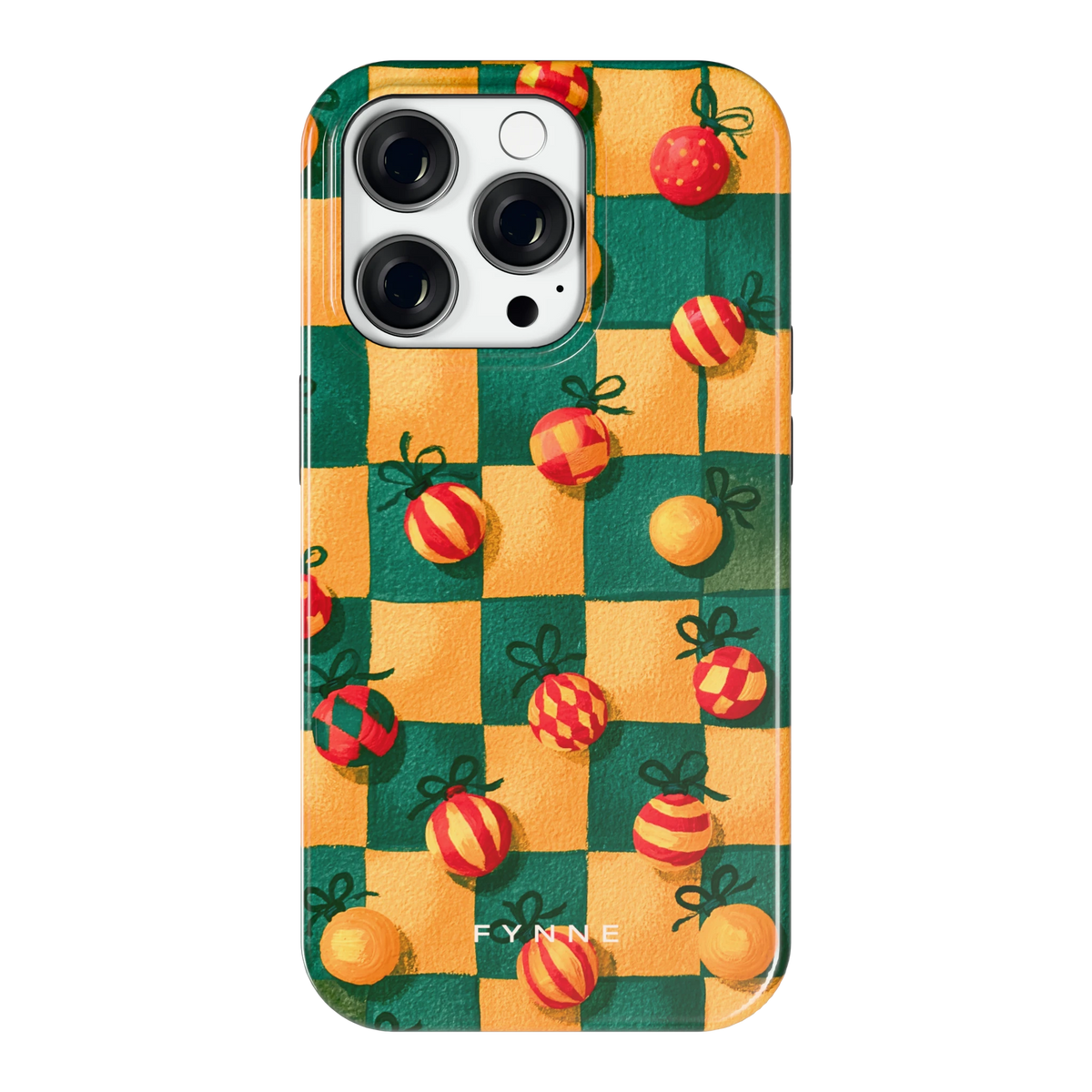 Geblokte Kerstballen hoesje voor iPhone 14 Pro, achterkant
