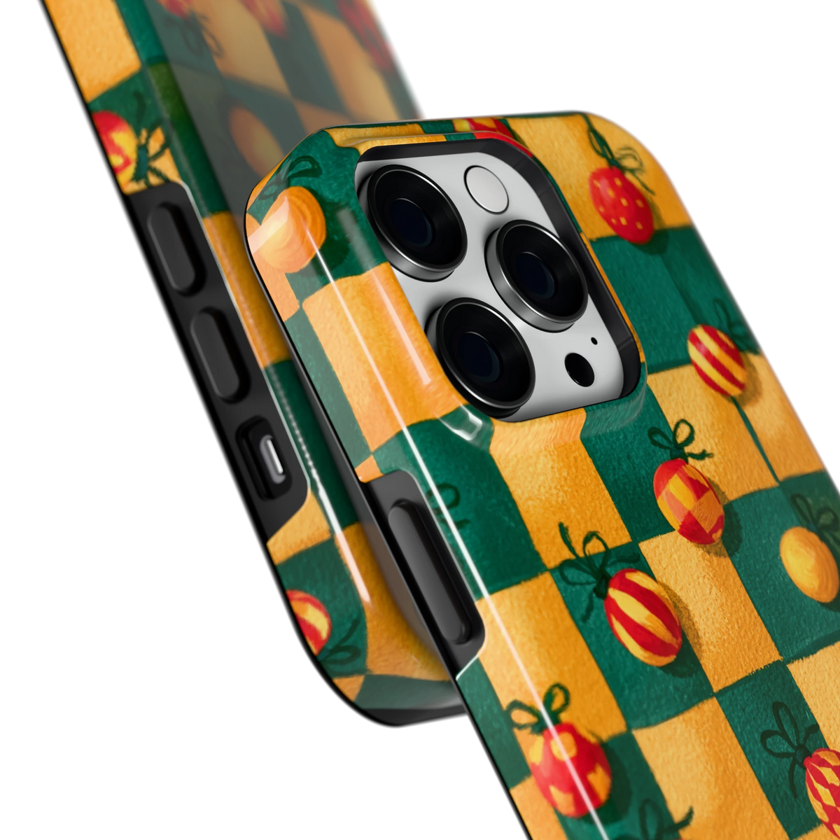 Geblokte Kerstballen hoesje voor iPhone 14 Pro, close-up