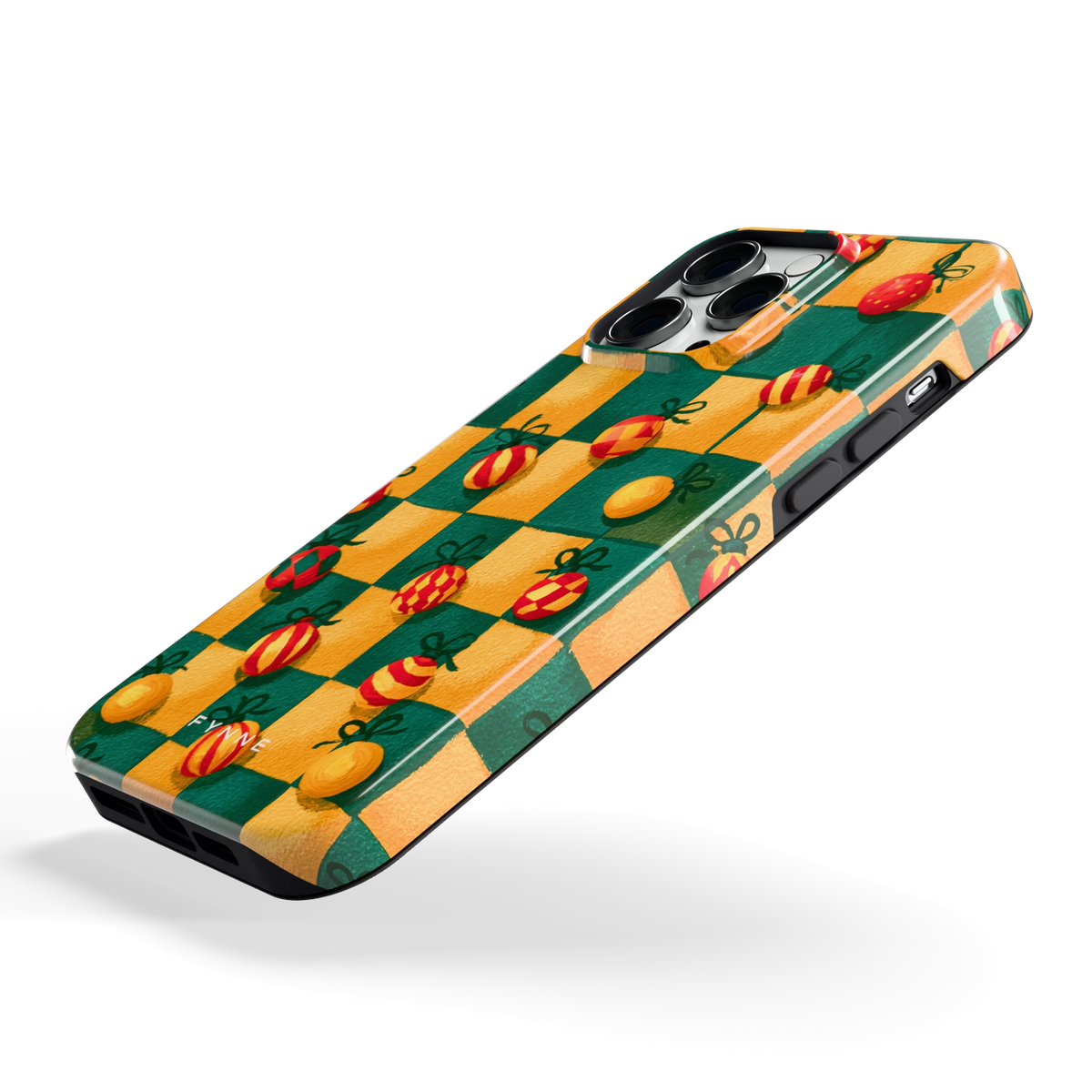 Geblokte Kerstballen hoesje voor iPhone 14 Pro Max, schuin