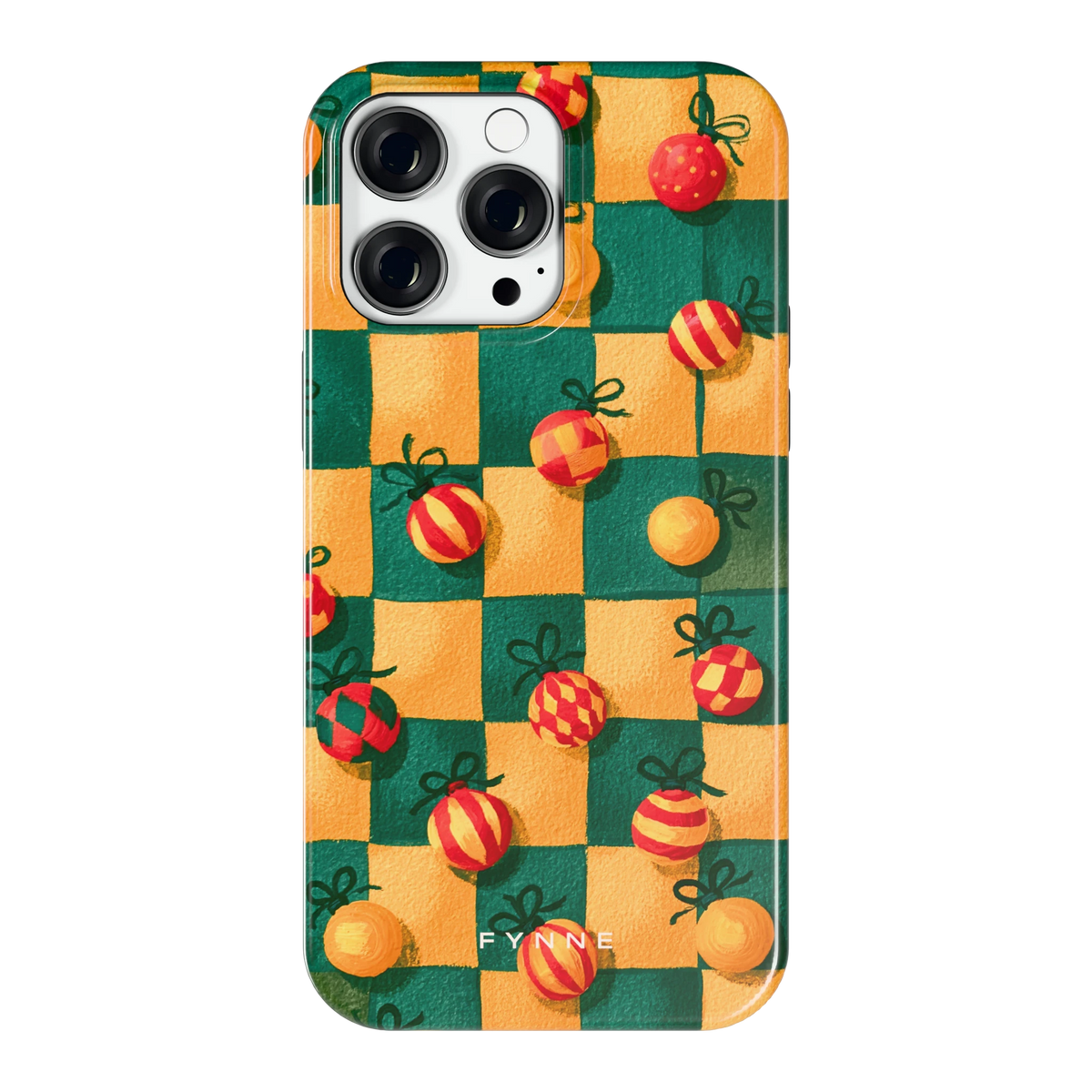 Geblokte Kerstballen hoesje voor iPhone 14 Pro Max, achterkant