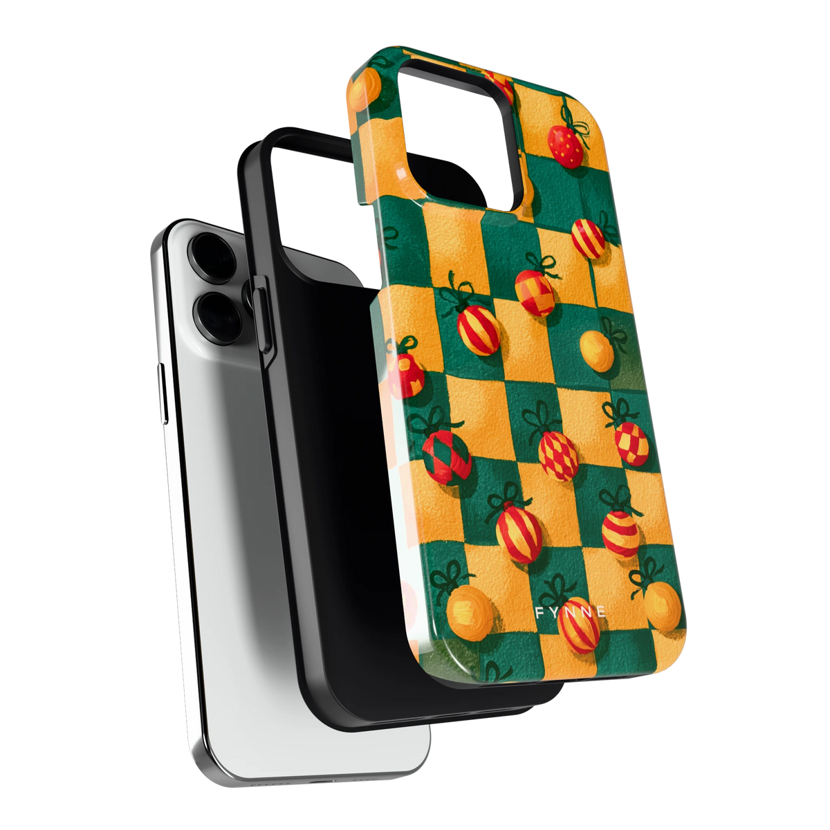 Geblokte Kerstballen hoesje voor iPhone 14 Pro Max, los van de telefoon
