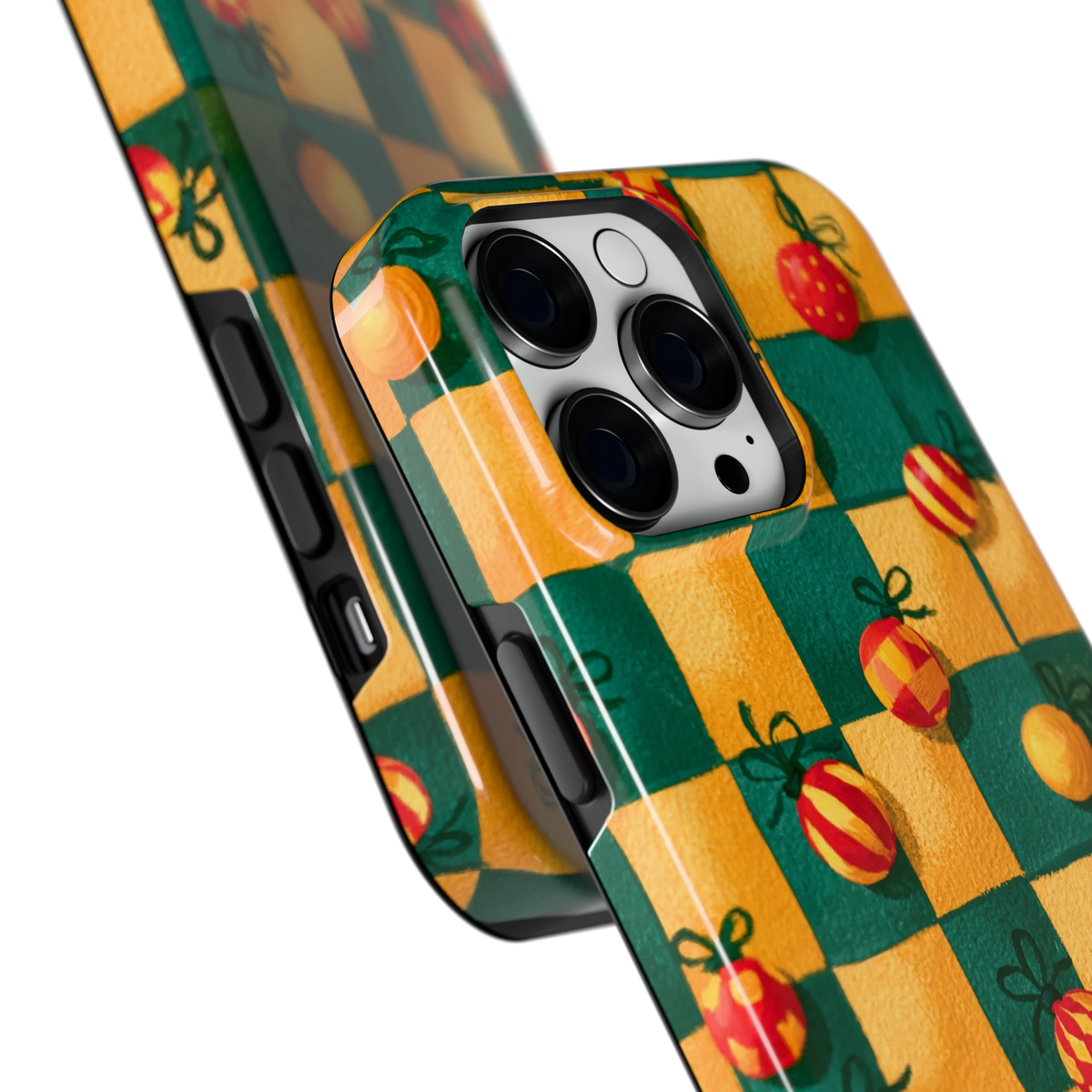 Geblokte Kerstballen hoesje voor iPhone 14 Pro Max, close-up