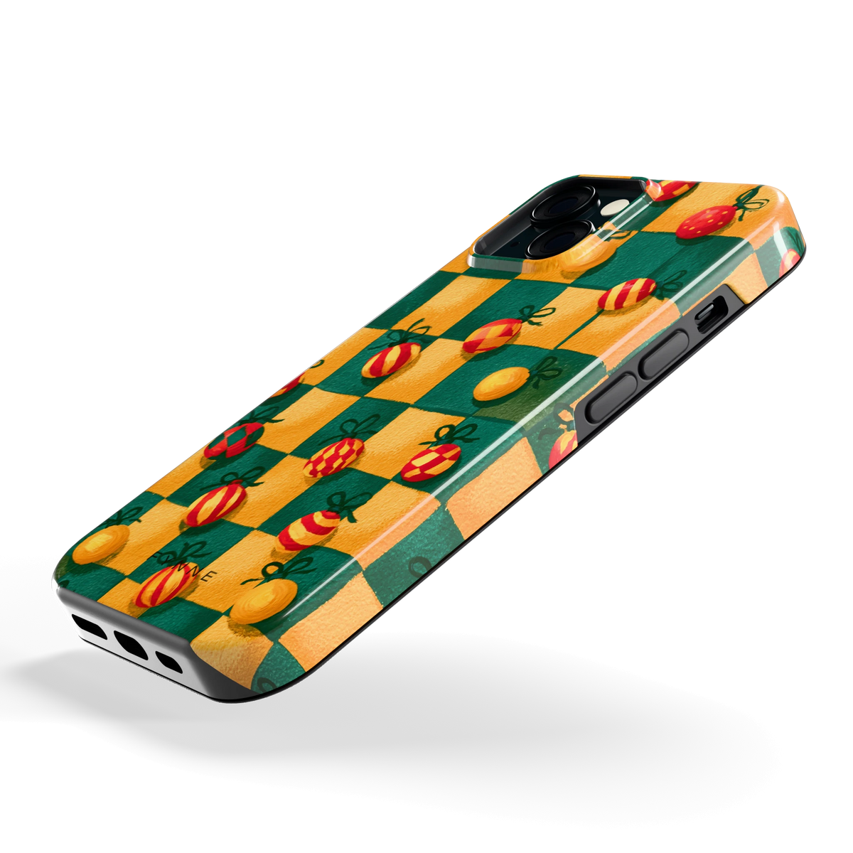 Geblokte Kerstballen hoesje voor iPhone 15, schuin