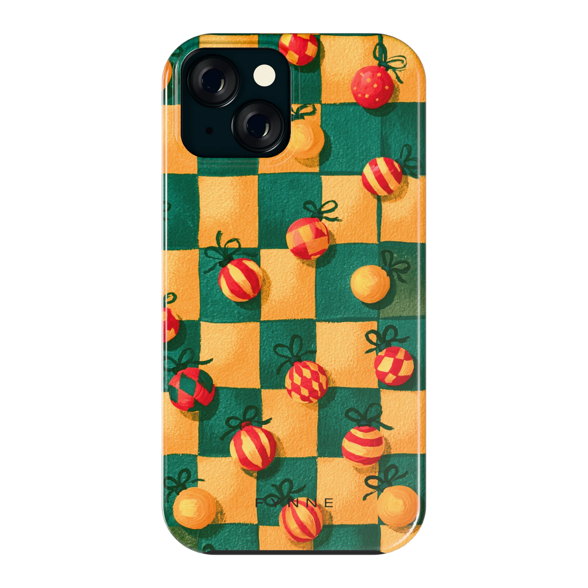 Geblokte Kerstballen hoesje voor iPhone 15, achterkant