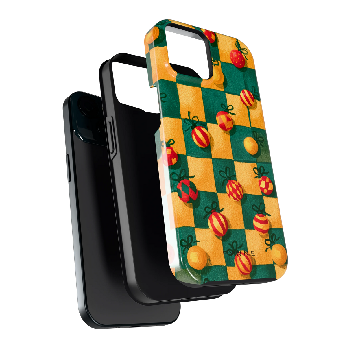Geblokte Kerstballen hoesje voor iPhone 15, los van de telefoon