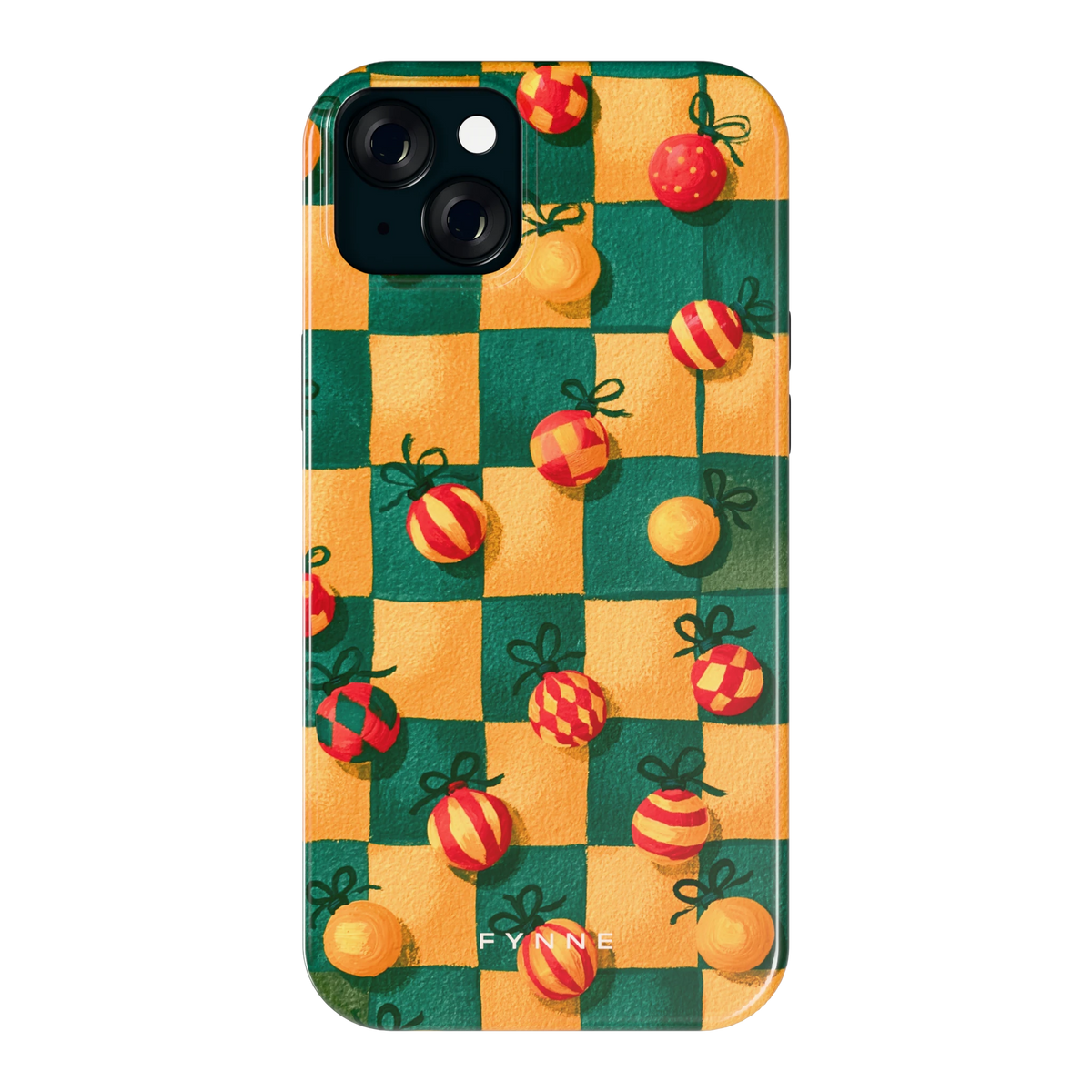 Geblokte Kerstballen hoesje voor iPhone 15 Plus, achterkant