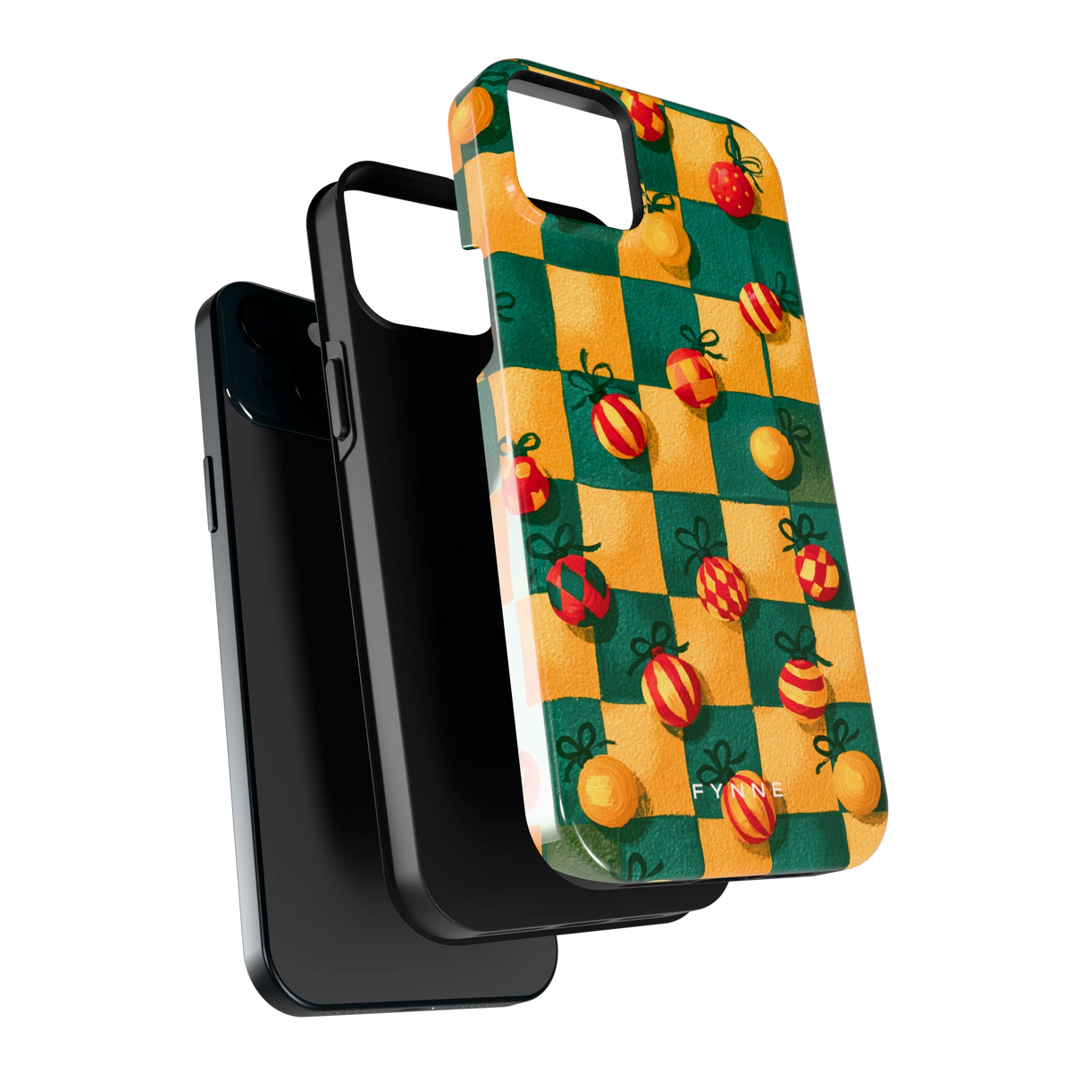 Geblokte Kerstballen hoesje voor iPhone 15 Plus, los van de telefoon