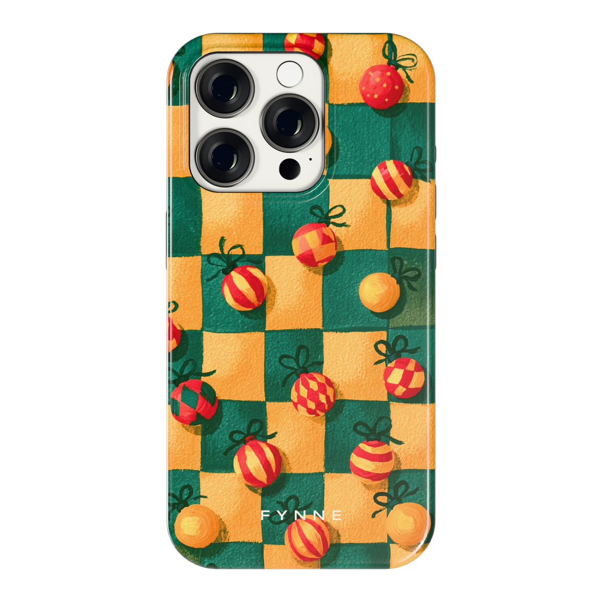 Geblokte Kerstballen hoesje voor iPhone 15 Pro, achterkant
