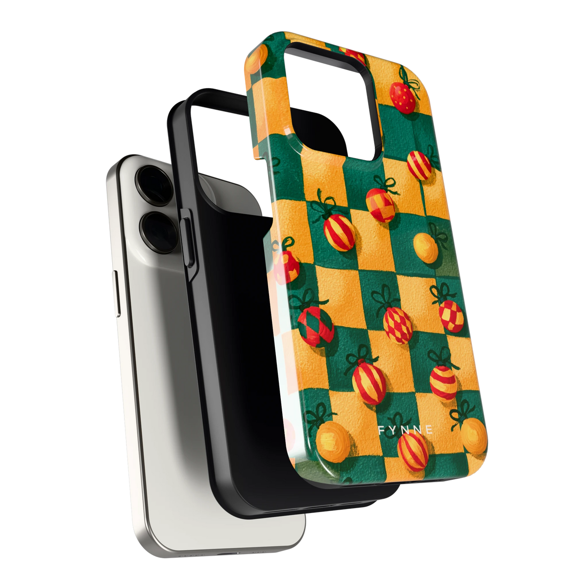 Geblokte Kerstballen hoesje voor iPhone 15 Pro, los van de telefoon