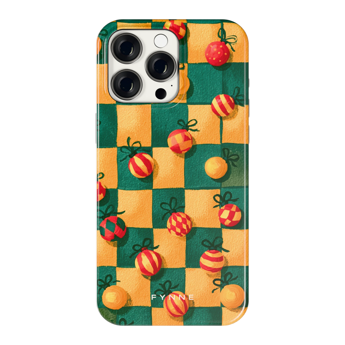 Geblokte Kerstballen hoesje voor iPhone 15 Pro Max, achterkant