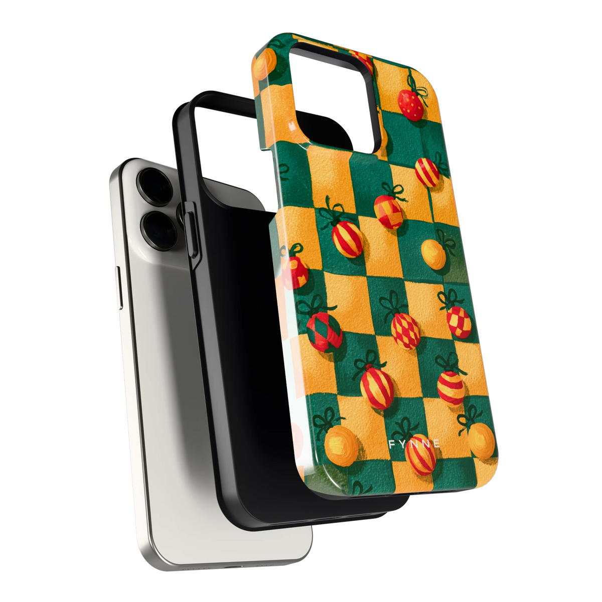 Geblokte Kerstballen hoesje voor iPhone 15 Pro Max, los van de telefoon