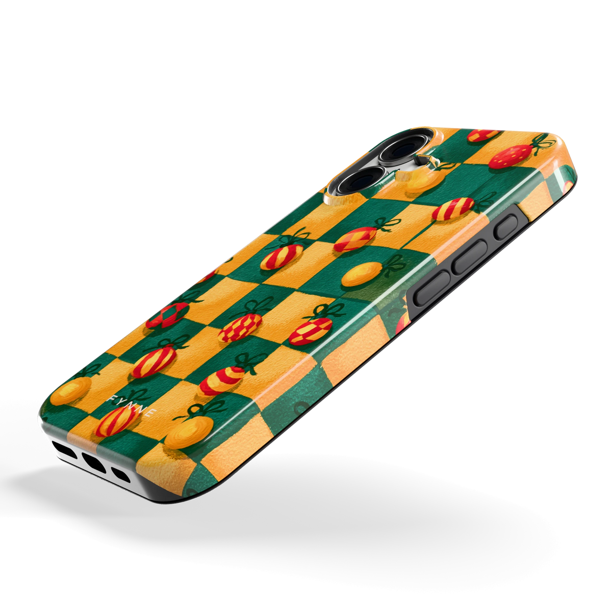 Geblokte Kerstballen hoesje voor iPhone 16, schuin