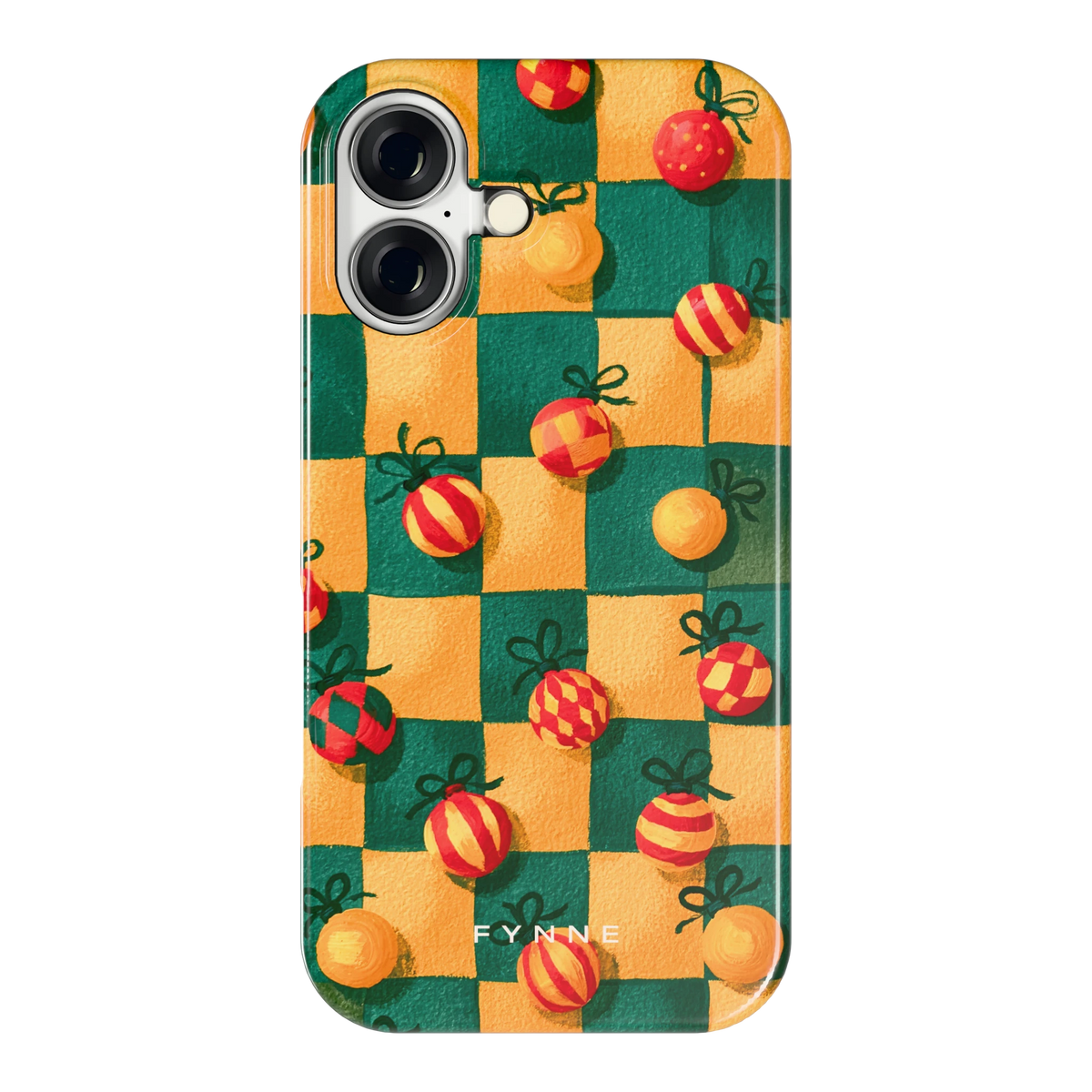Geblokte Kerstballen hoesje voor iPhone 16, achterkant