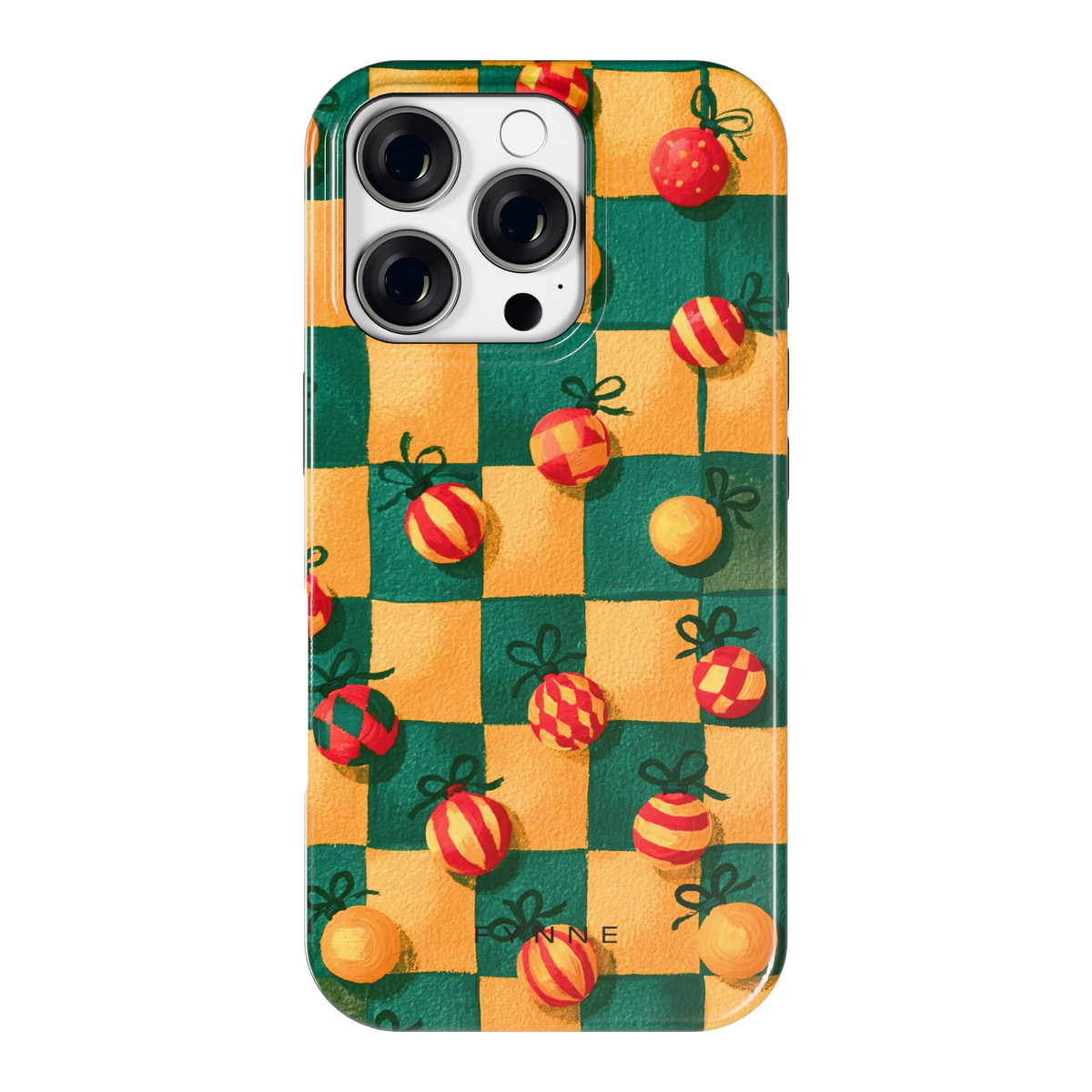 Geblokte Kerstballen hoesje voor iPhone 16 Pro, achterkant