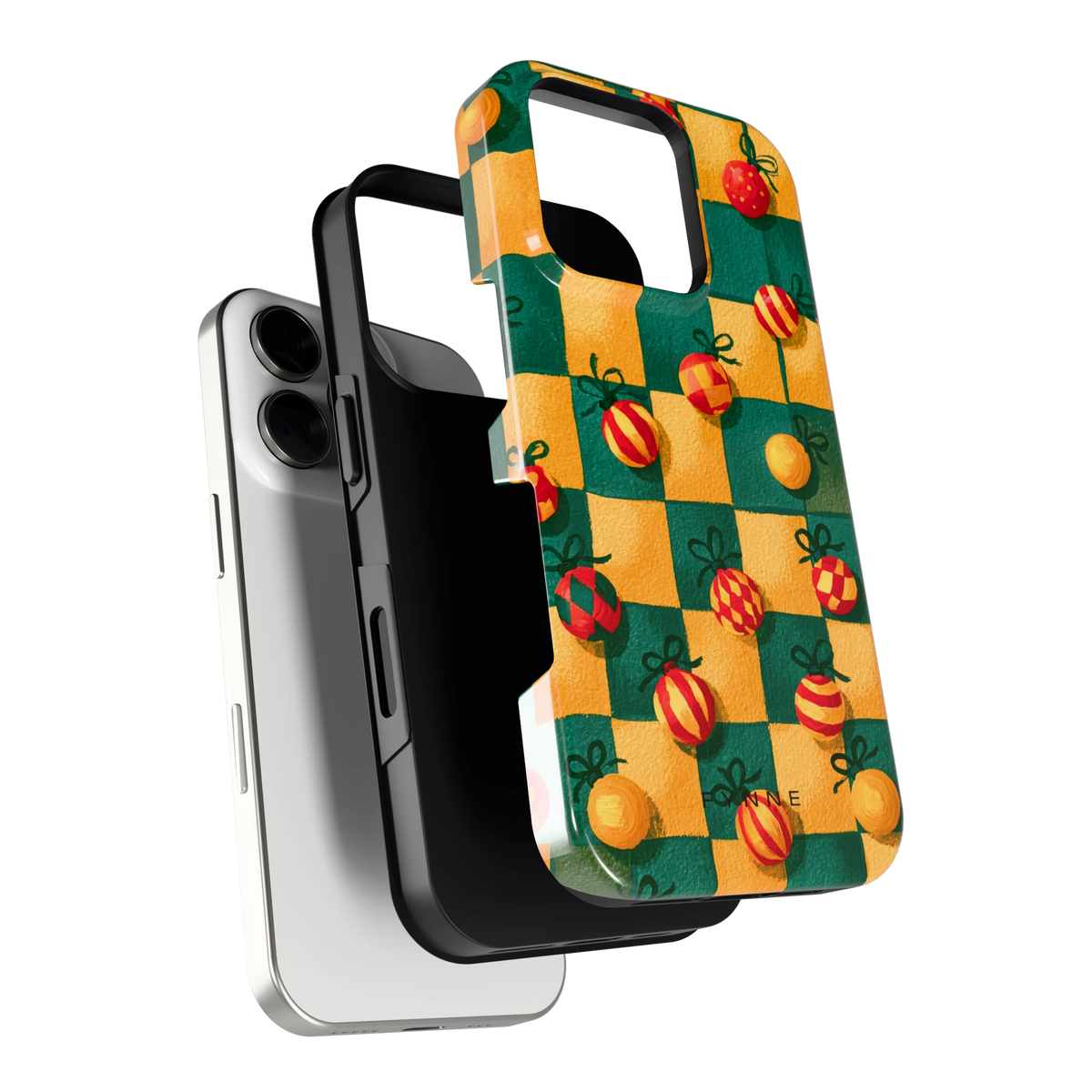 Geblokte Kerstballen hoesje voor iPhone 16 Pro, los van de telefoon