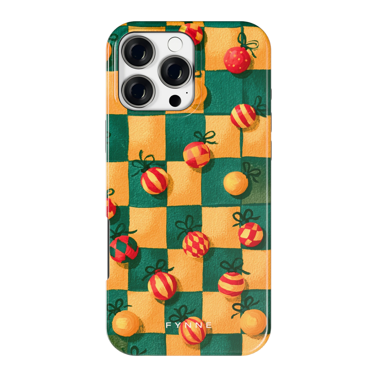 Geblokte Kerstballen hoesje voor iPhone 16 Pro Max, achterkant