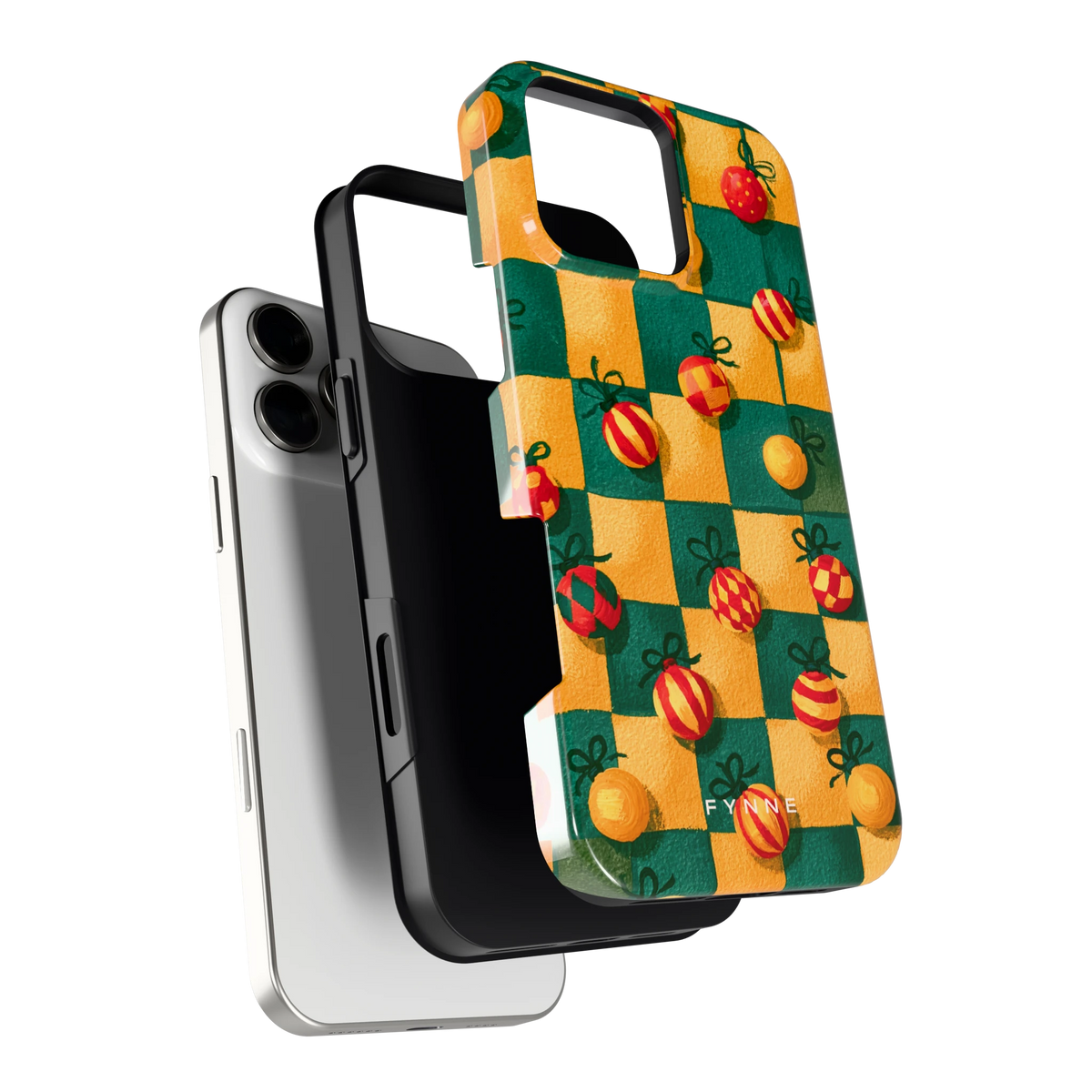 Geblokte Kerstballen hoesje voor iPhone 16 Pro Max, los van de telefoon