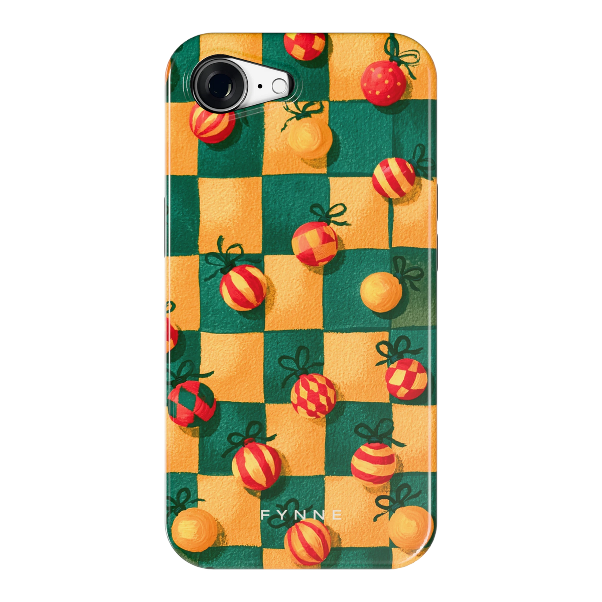 Geblokte Kerstballen hoesje voor iPhone 16e, achterkant