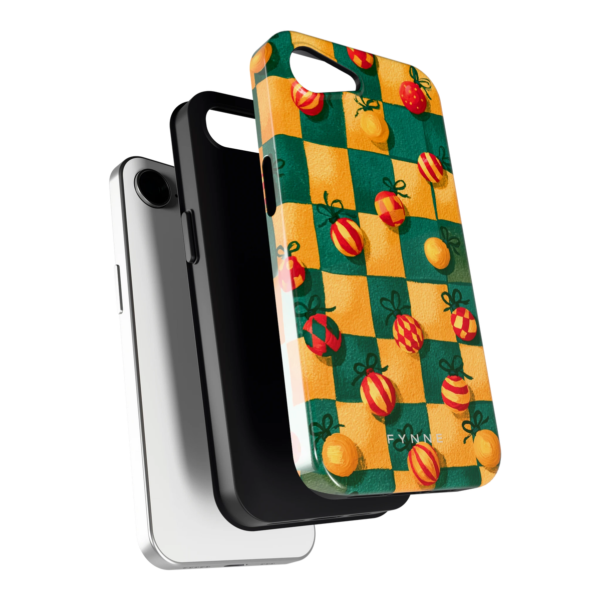 Geblokte Kerstballen hoesje voor iPhone 16e, los van de telefoon