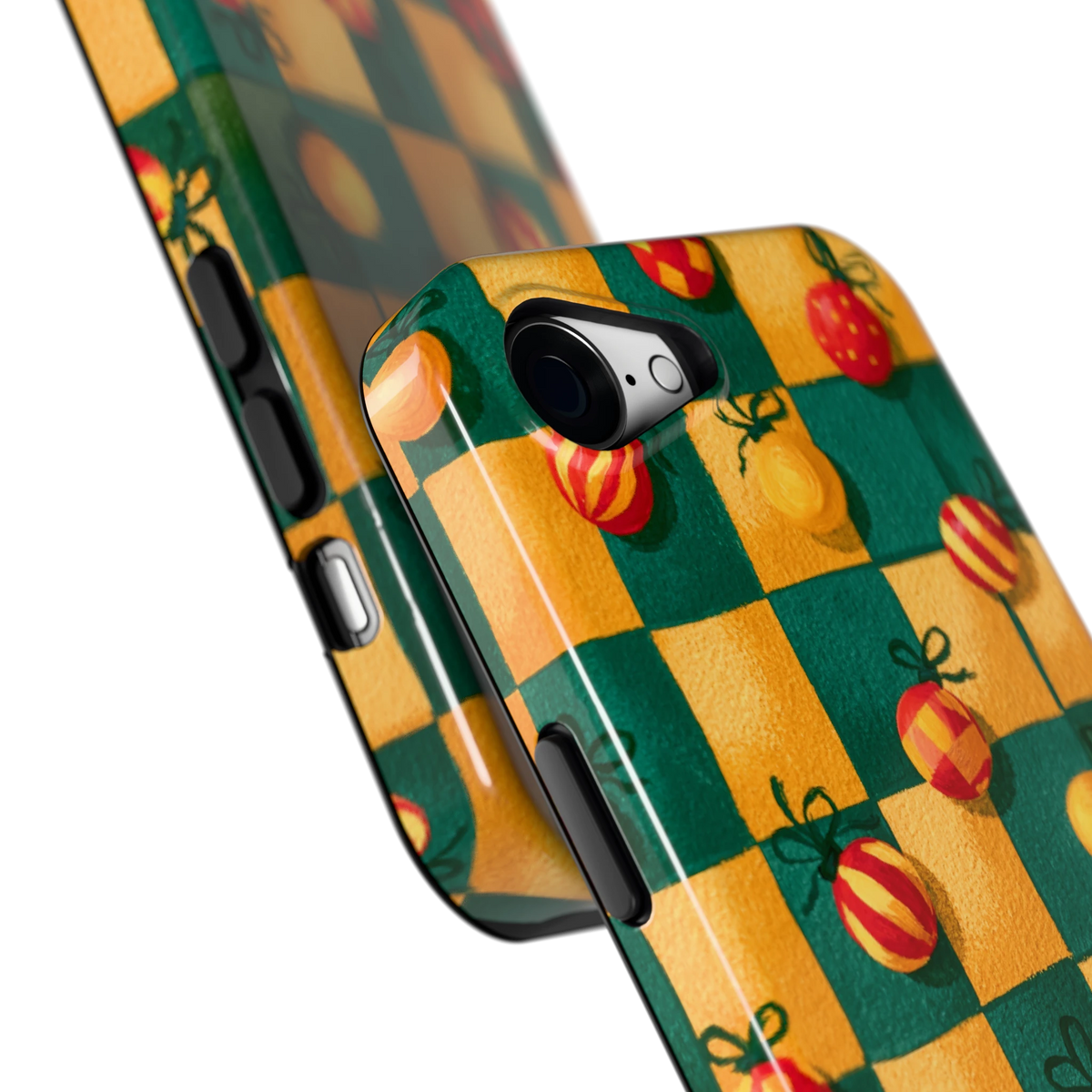 Geblokte Kerstballen hoesje voor iPhone 16e, close-up