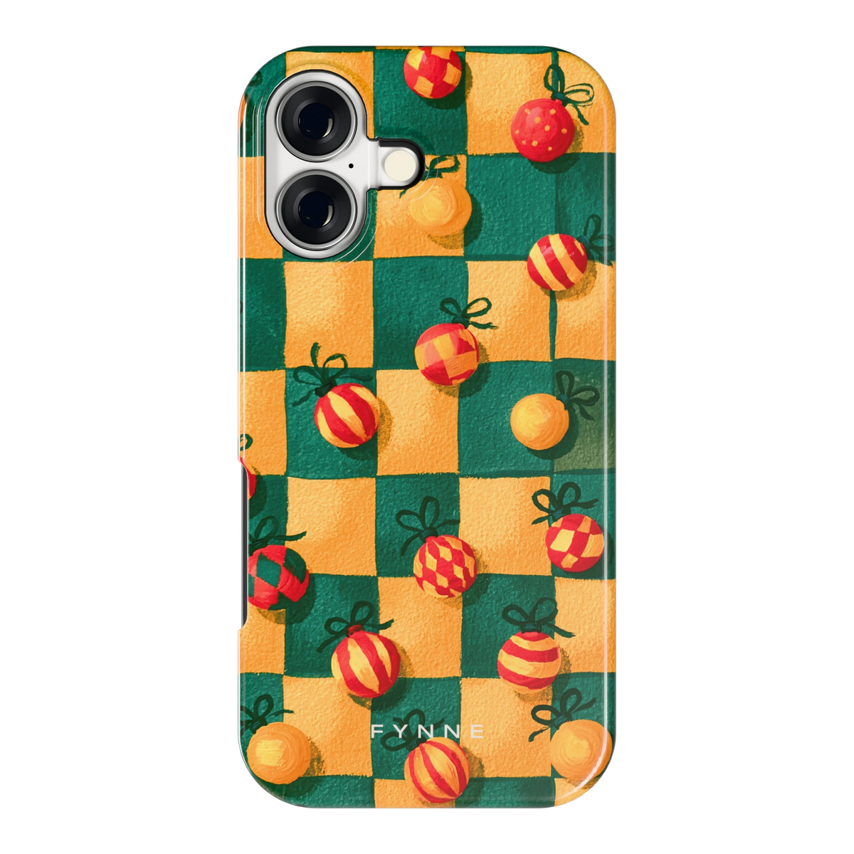Geblokte Kerstballen hoesje voor iPhone 17, achterkant