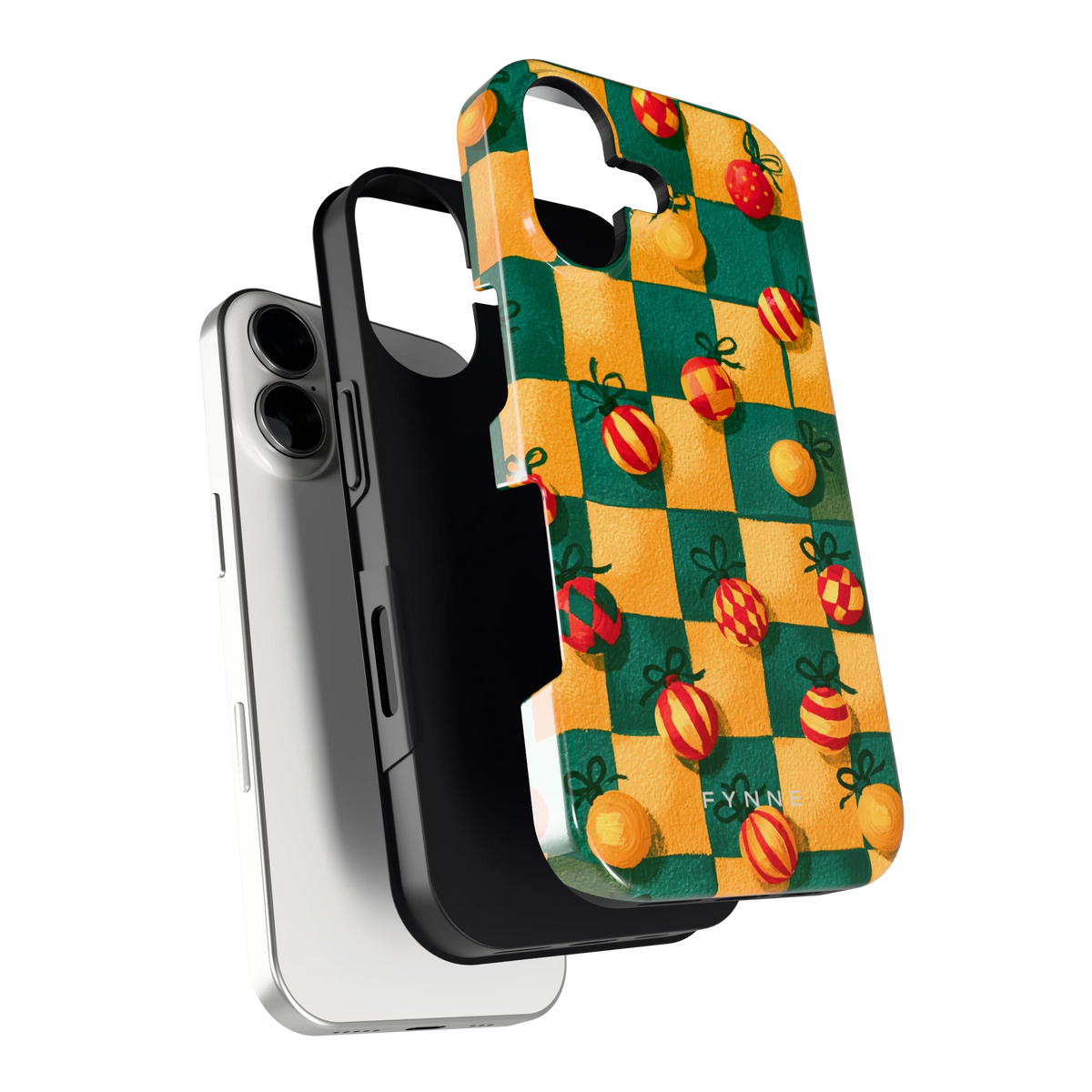 Geblokte Kerstballen hoesje voor iPhone 17, los van de telefoon
