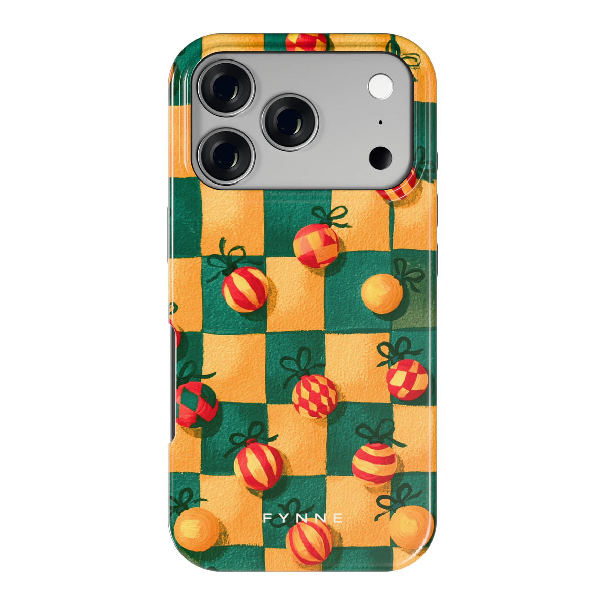 Geblokte Kerstballen hoesje voor iPhone 17 Pro, achterkant