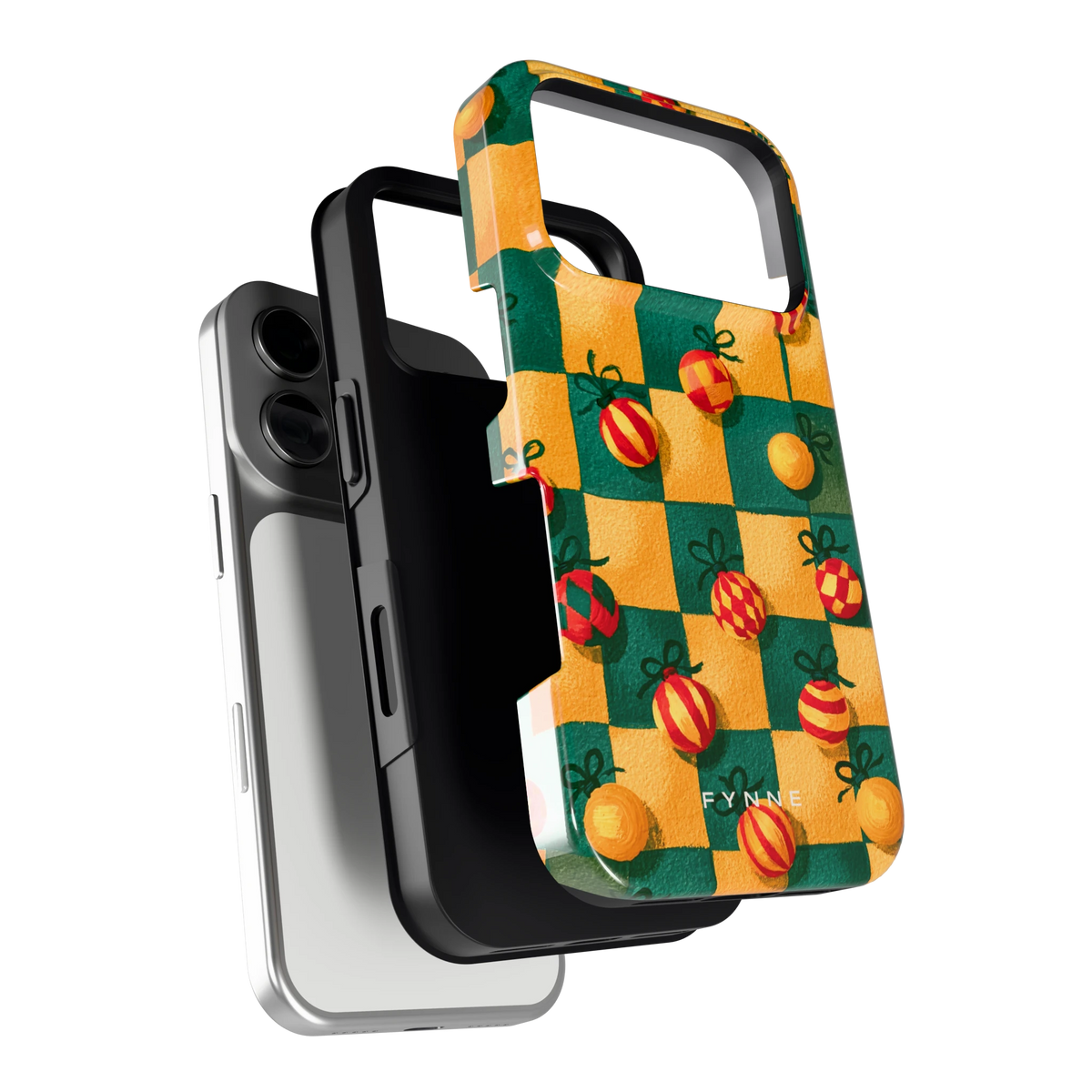 Geblokte Kerstballen hoesje voor iPhone 17 Pro, los van de telefoon