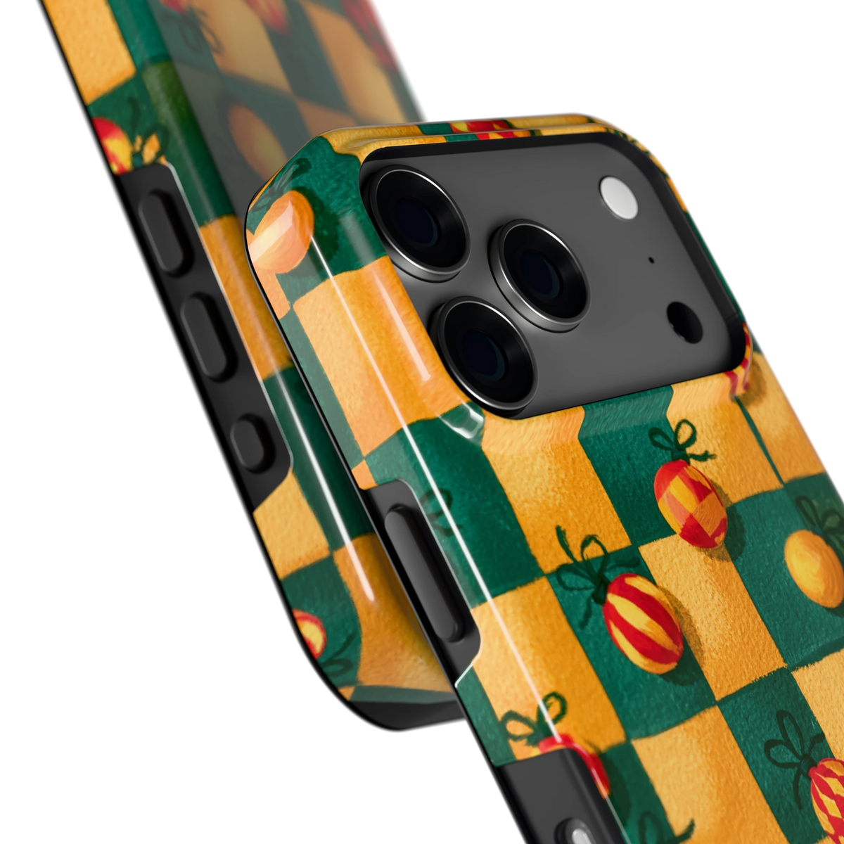 Geblokte Kerstballen hoesje voor iPhone 17 Pro, close-up