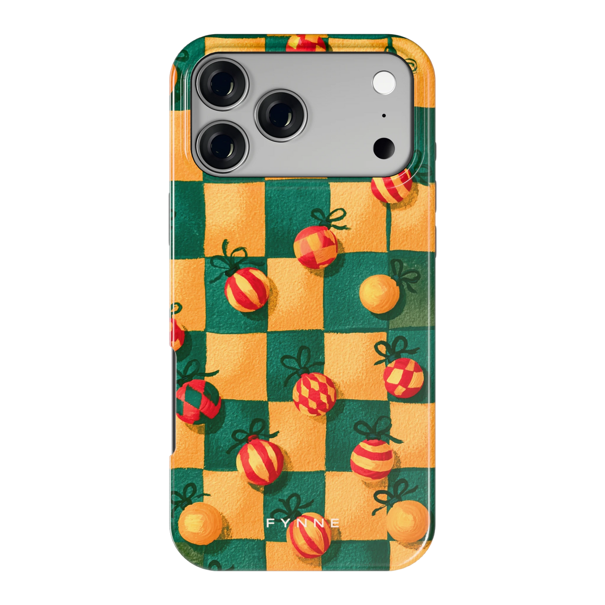 Geblokte Kerstballen hoesje voor iPhone 17 Pro Max, achterkant