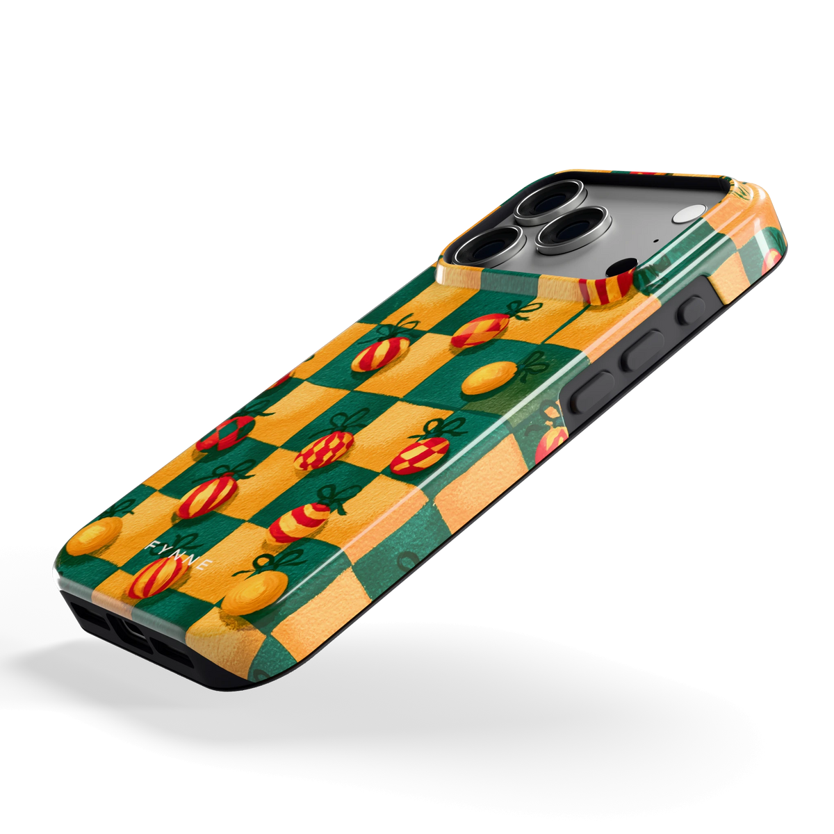 Geblokte Kerstballen hoesje voor iPhone 18 Pro, schuin