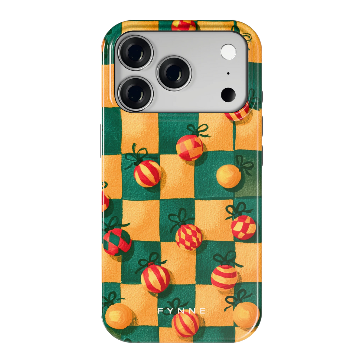Geblokte Kerstballen hoesje voor iPhone 18 Pro, achterkant