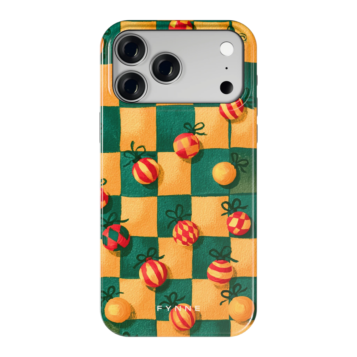 Geblokte Kerstballen hoesje voor iPhone 18 Pro Max, achterkant