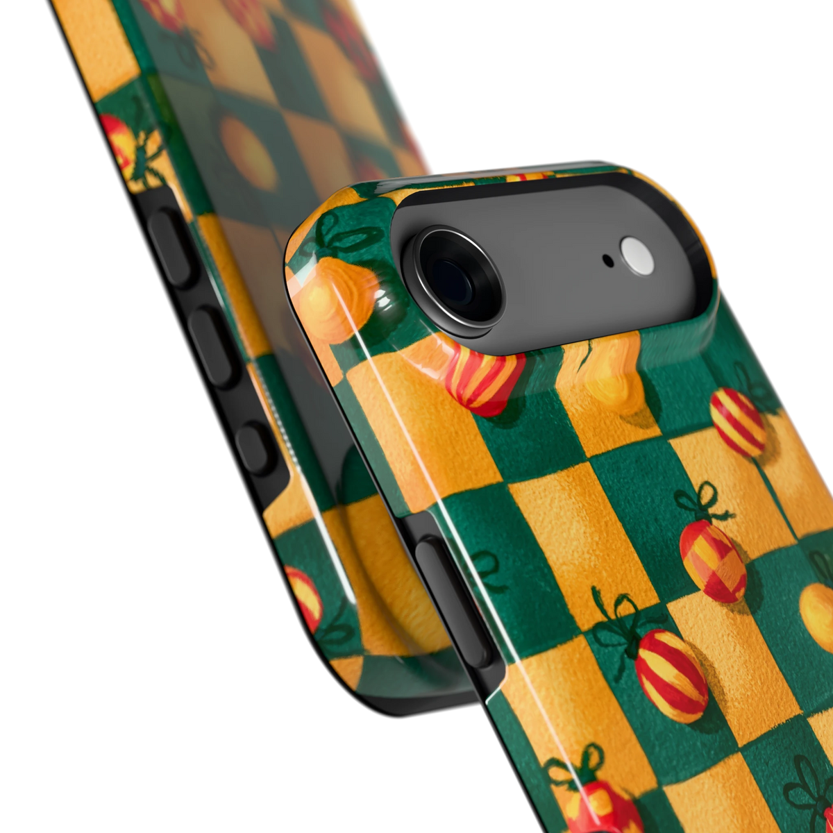 Geblokte Kerstballen hoesje voor iPhone Air, close-up