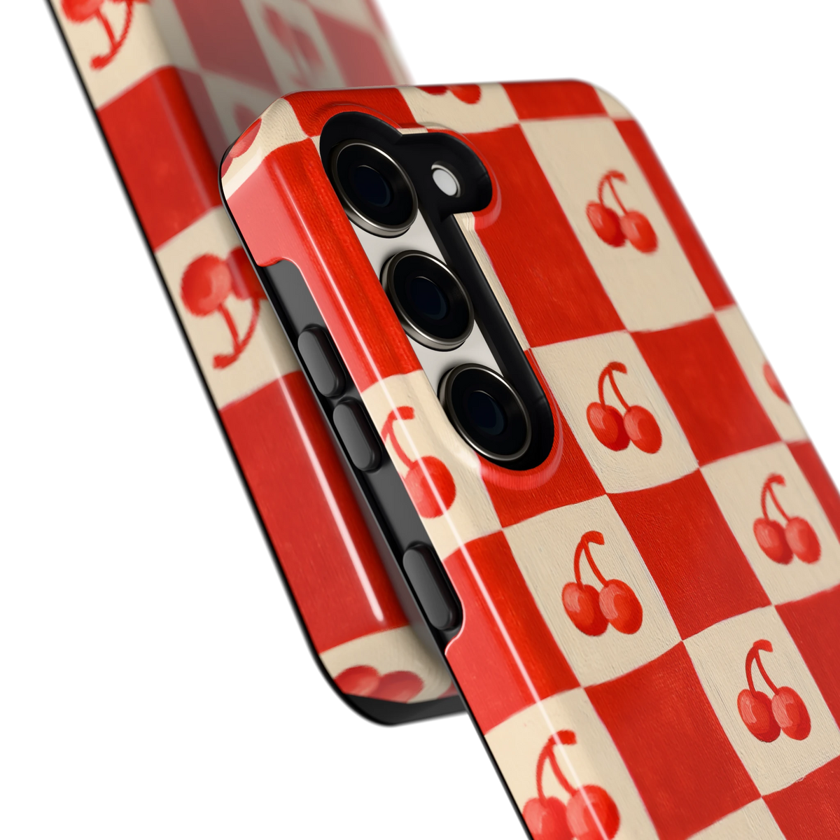 Kersen Schaakbord hoesje voor Galaxy S23, close-up